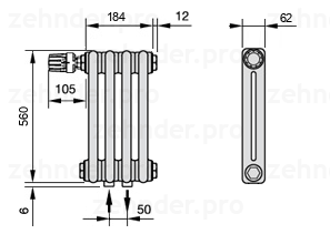 Схема (чертеж) Радиатор Zehnder Charleston 2056/4 №V007 Белый глянцевый RAL 9016